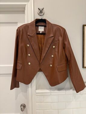 Avec Les Filles Cognac Brown Double-Breasted Leather Blazer